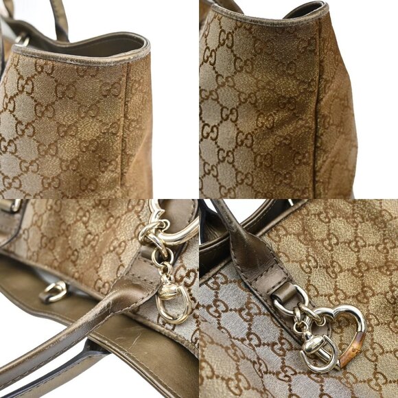 GUCCI Logo Heart Bit GG Bamboo Shoulder Bag Canvas Leather Bronze GHW 31YH569 - Picture 6 of 16